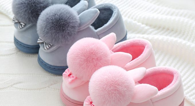 Kids Girls Winter Slippers Boys Cartoon Rabbit Cotton Home Slippers Children's Plush Indoor Warm Shoes Bowtie Princess Slippers