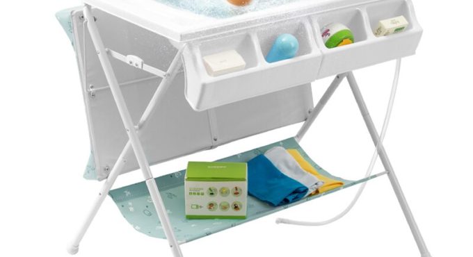 Infant Changing Table and Bathtub, Baby Crib Care Station, Multifunctional Folding Touch Bathing Nursing Organizer