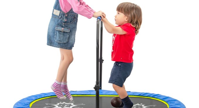 Kids Trampoline Household Round Trampoline Bouncing Table with Adjustable Handrail and Safety Cover for Children