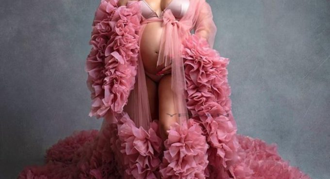 YEWEN Organza Ruffles Hot Pink Maternity Dress Fancy Photography Props Dresses Long Sleeves Pregnancy Dress Photo Shoot