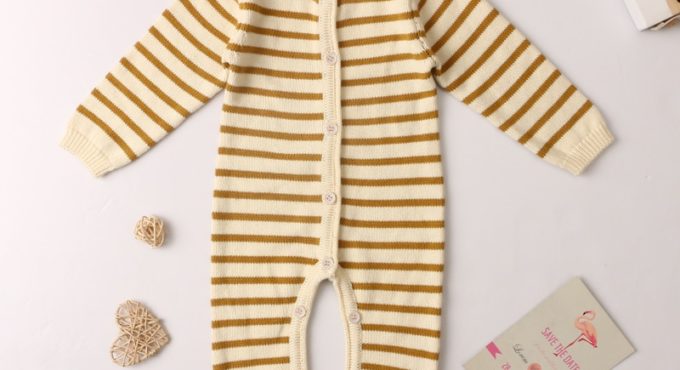 Spring Autumn Lovely Romper Suits For Baby Yellow White Striped Knit Single Breasted Jumpsuit Customized Wholesale A3-LYK-201200