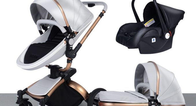 3 in 1 Golden frame baby stroller folding two-way push luxury high landscape baby carriage with car seat