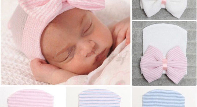 Emmababy Newborn Baby Girls Striped Headband Headwear Toddler Soft Beanie Hat with Bow