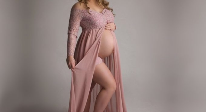 Dusty Pink Long Chiffon Maternity Photography Dress Sweet Heart Maternity Lace Dresses For Photo Shoot Slit Open Pregnancy Dress