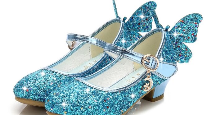 ULKNN children's shoes Baby performance crystal shoes Blue Bowknot Girls sequins high heels princess shoes 2019 non-slip