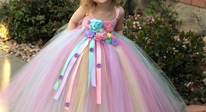 Girls Pastel Unicorn Flower Tutu Dress Kids Crochet Tulle Strap Dress Ball Gown with Daisy Ribbons Children Party Costume Dress