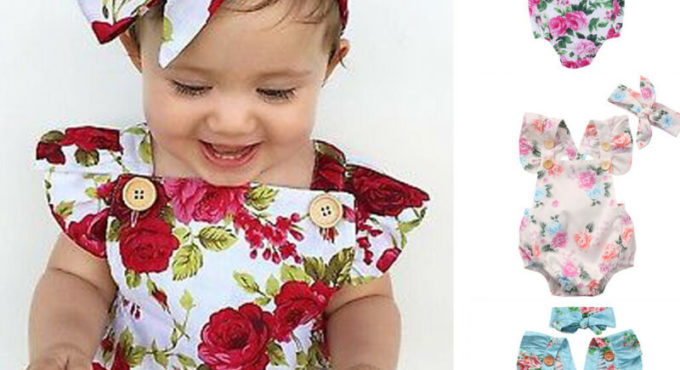 2021 Cute Floral Romper 2pcs Baby Girls Clothes Jumpsuit Romper + Headband 0-24M Age Infant Toddler Newborn Outfits Set Hot Sale