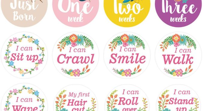 First Year Baby Monthly Milestone Photo Sharing Baby Belly Stickers Birth to 12 Months and 8 Bonus Achievement Stickers