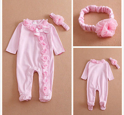 Newborn Baby Girls Long Sleeve Romper Three-dimensional Flower Bodysuit Jumpsuit Clothes Outfits Set Attached Headband