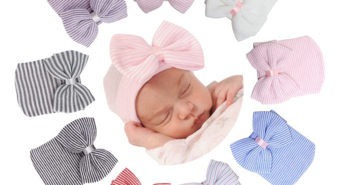 Big Bows Hospital Chiffon Newborn Hats Knitted Soft New Born Nursing Beanie Hat Photo Props Newborn Accessories for 0-6M Girls