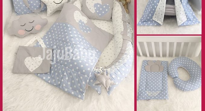 Jaju Baby Babynest Blue and Gray Star 11 Piece Full Set Luxury Baby Nest Baby Sleep Set, Breastfeeding Pillow, Stroller Cover