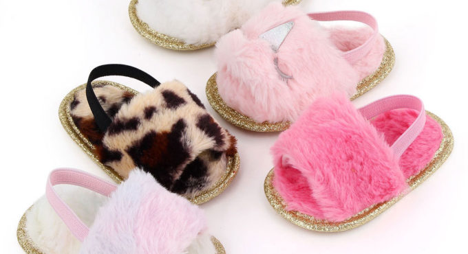 Infant Baby Girls Plush Sandals Autumn Winter Soft Sole Faux Fur Flats Toddler Prewalker Slippers with Elastic Back Strap