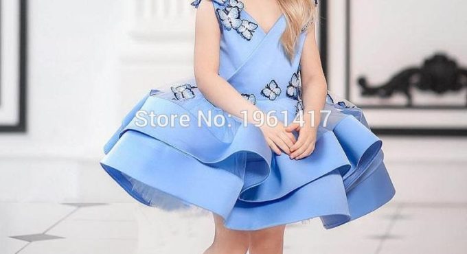 New Baby Girls Dresses Knee Length Girls Blue Toddler Infant Birthday Appliques Dresses Tutu Cloth Size 12m 18m 24M 3T 4T