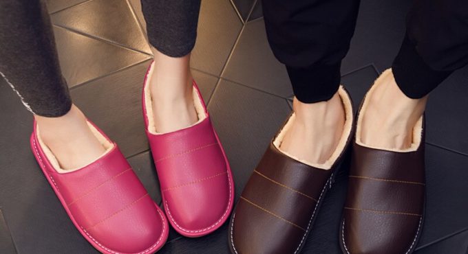 Winter Cotton Slippers Women's Bag and Leather Cotton Shoes Thick Bottom Belt with Winter Warm Velvet Waterproof Men