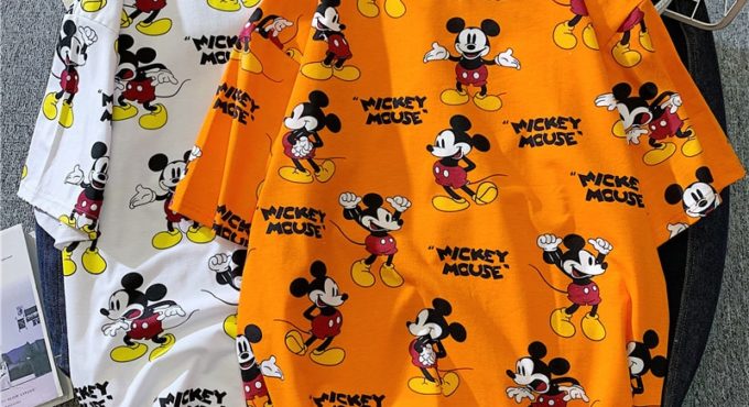 Disney Mickey Mouse Mickey short-sleeved fashion t-shirt female ins tide cartoon large size medium and long clothes cute top