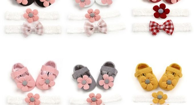 Cute Baby First Walkers Baby Girl Shoes +2 Headband Set Newborn Infant Pram Girls Princess Moccasins Flower Solid Soft Shoes