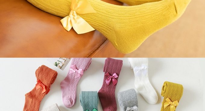 Cotton Girl Tights Candy Color Striped Bowknot Kids Pantyhose Cute Pink Autumn Winter Children's Pantyhose Baby Girl Tights