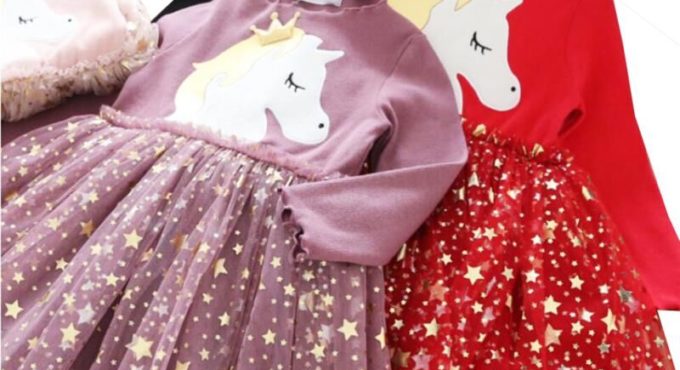 Christmas Girls Princess Star Dress Knitted Mesh Children Clothing Unicorn Dress Baby Kids Birthday 3 4 5 6 8 Years Vestidos