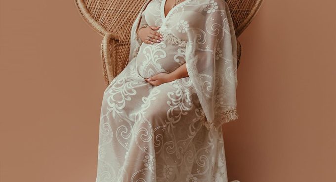 Don&Judy Boho V-neck Long Sleeve Lace Maternity Gown Photography Dress Party Dresses Baby Shower Photo Props for Photo Shoot