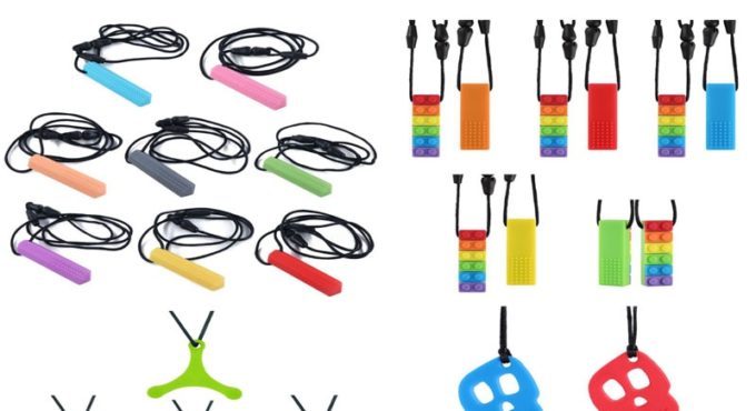 1PC Rainbow Brick Robot Skull Chew Necklace Autistic Baby Silicone Teether Autism Sensory Chewy Toys