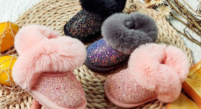 AOGT Winter Baby Girl Shoes Rabbit Fur Shiny Sequins Toddler Boots Fashion Non-Slip Waterproof Warm Plush Infant Snow Boots