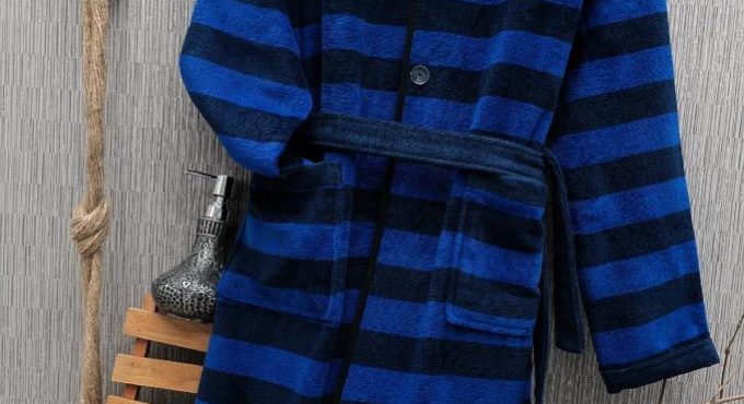 Velvet Navy Blue Striped Button 14 Years Old Male Child Robe