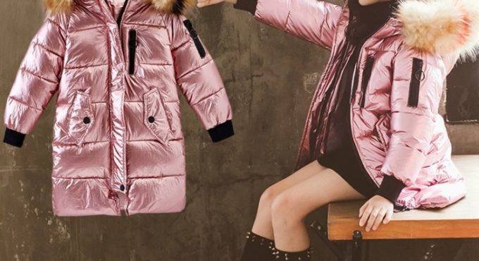 New Winter Cotton Jacket For Children Winter Down Warm Coat For Girl With Warm Fur Collar Long Fluorescent Color Kids Coat