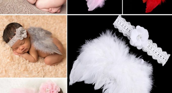 Lovely Baby Newborn Photography Props Infant Girls White Angel Feather Wings Wing Set Costume + Headbands Kids Outfit Photo Prop