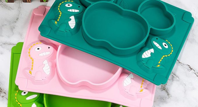 TYRY.HU Baby Silicone Tableware set 0-12 Months Dinosaur Cartoon Feeding Training Bowl Spoon Fork Non-slip Dinner Plate