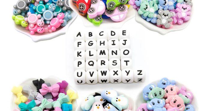 Cute-idea 10pc silicone bead Baby Teether Chew BPA Free Teether English Letter/tortoise/ mouse/panda DIY Pacifier Chain Baby Toy