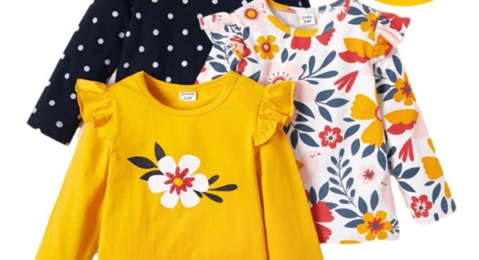 PatPat 2021 New Arrival Autumn and Spring 3-pack Girls T-shirt Floral Dots Long-sleeve Tee Sets Children Clothing