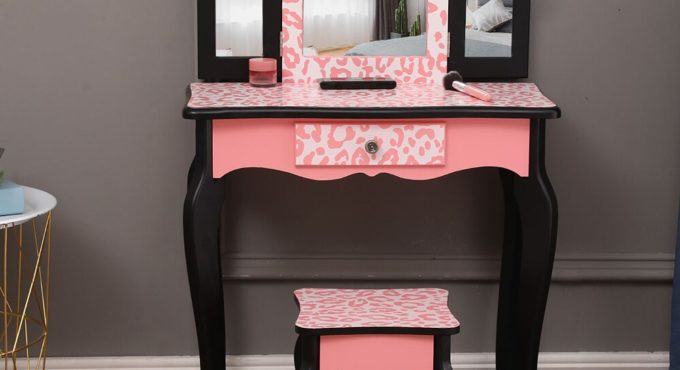 Three-Fold Mirror Single Drawer Arc Feet Children Kids Girls Dressing Tables Desk+Bench Stool Red Leopard Print Mirror