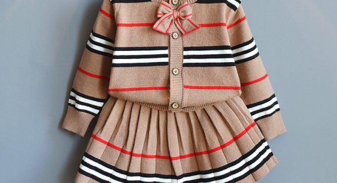 Warm Kids Clothing Little Girls Knit Outfits Stripes Sweater Cardigan Top&skirt Fashion Winter Bow Tie Clothes for Girl