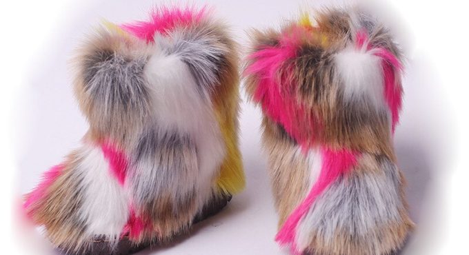 Children's Winter Faux Fox Fur Shoes Kids Girls Snow Boots Cute Flat Rainbow Ankle Boots Indoor Warm Plush Boots SPC001