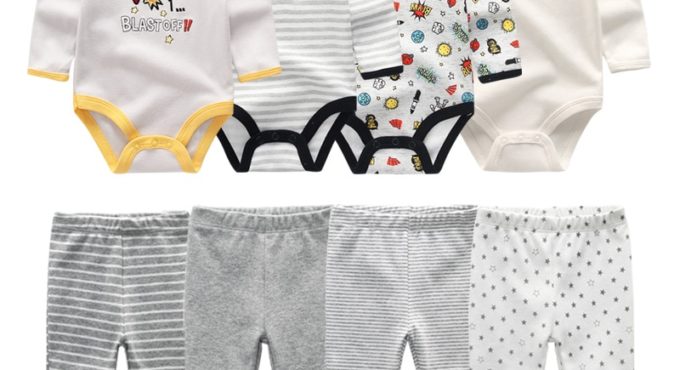 2021 Cotton 6/8PCS Newborn Baby Boy Clothes 0-12M Autumn Bodysuits+Pants Boys Baby Clothing Sets Full Sleeve Baby Girl Clothes