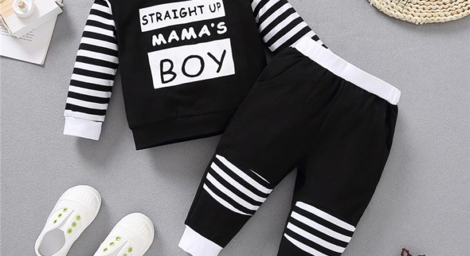 New Fashion Hot Sale baby Boy's Two Piece Set Children's Round Neck Lettering Patchwork Long Sleeve Shirt Striped Pants for Kids