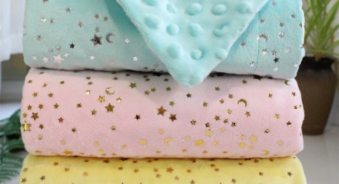 2 layers Minky Dot Coral Fleece Bronzing Golden Stars Moon Blue Starry Toddler Quilt Girl Baby Blanket Infant Crib Beddings