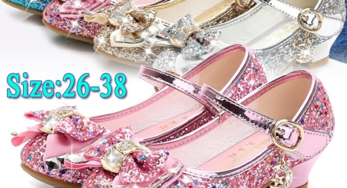 Princess Kids Leather Shoes for Girls Flower Casual Glitter Children High Heel 2020 Girls Shoes Butterfly Knot Blue Pink Silver