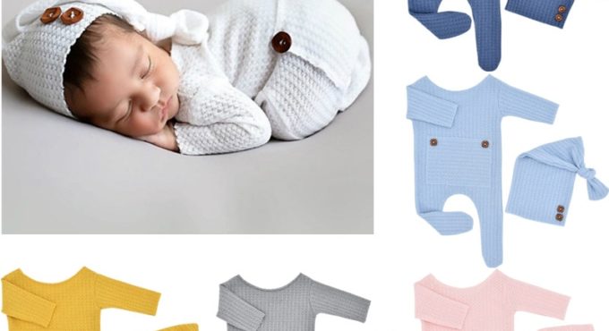 2 Pcs/Set Baby Hat Romper Newborn Photography Props Knitted Jumpsuit Long Tail Cap Kit Infants Photo Shooting Clothing Outfits