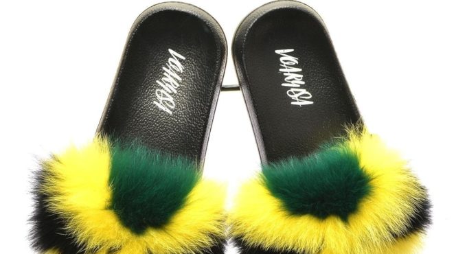 Women Fur Slippers Slides Open Toe Real Fox Fur Slippers Girls Fluffy Slip Jamaica Flag Rasta Caribbean