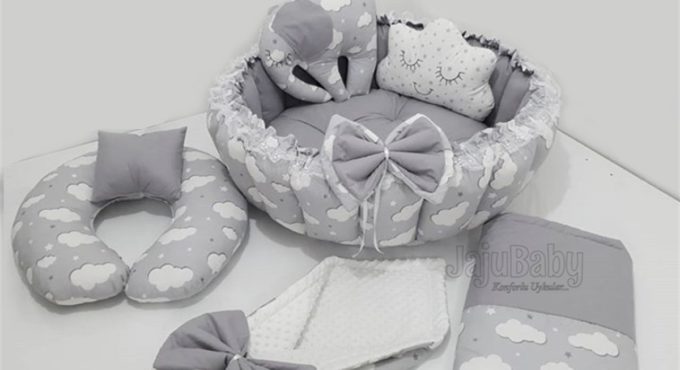 Jaju Baby Gray Cloud Design Luxury Play Mat Babynest 6 Piece Set