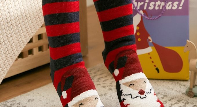 Children Christmas Thicken Warm Socks Slippers Socks Thicken Women Girls Print Stripe Non-Slip Warm Winter Mid Tube Cute Socks