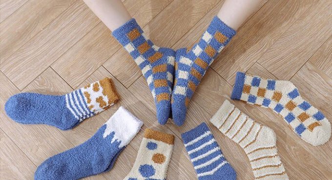 Warm coral velvet winter socks Home wear sleep socks Creative blue stripe socks High fashion adult socks