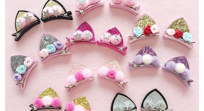 2 Pcs/ set Hairpin cute children's hair accessories cat ears rabbit furry girl hairpin flash rainbow felt cloth