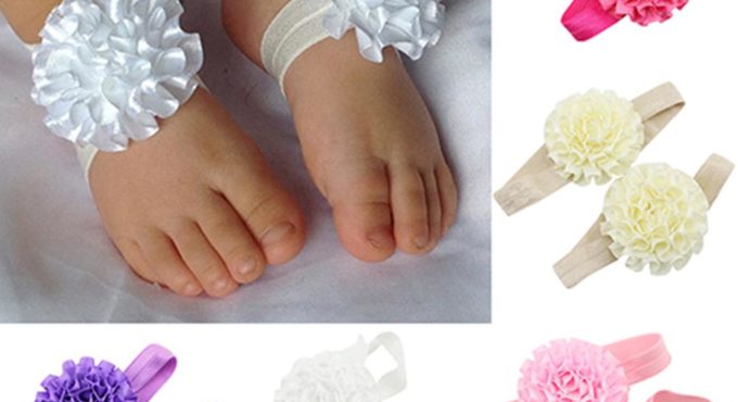 2Pcs Baby Infant Toddler Girl Ribbon Flowers Barefoot Sandals Sock Toe Shoes