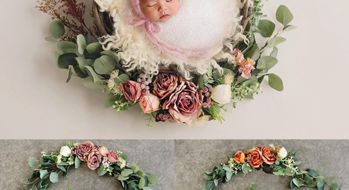 Newborn Photography Props Accessories Simulation Rose Flower Wreath Lintel Rattan Decoration Baby Girl Birthday Photo Background