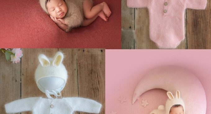 Newborn Outfit Romper Newborn Photography Props Wool Knitted Rabbit Jumpsuit Hat Bodysuits Outfit Baby Photography