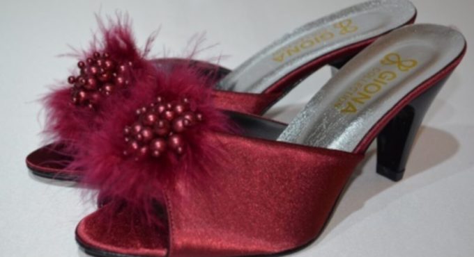 Women Burgundy Heels Feathered Bridal Dowry Slipper