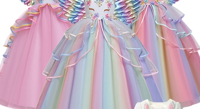 Flower Girl Unicorn Rainbow Wedding Party Dress Baby Girl 3-14 Years Birthday Unicorn Colorful Dance Performance Dress Set