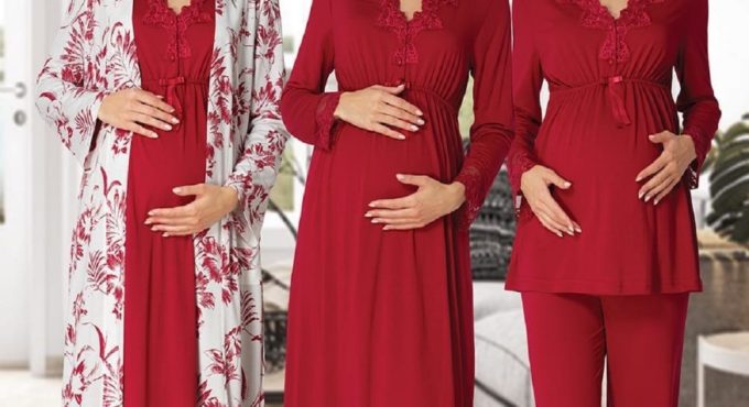 Women's Cherry Long-Sleeve Pajamas Set Nightgown Dressing Gown Puerperal Maternity 4'lü Set